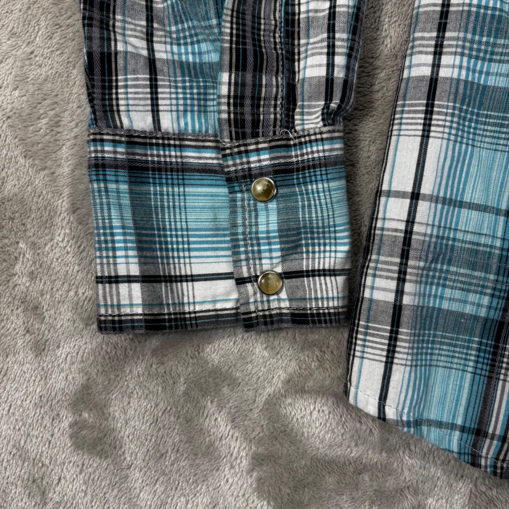 Wrangler Western Snap Shirt Mens XL Turquoise Black Plaid Excellent Pearl Snap - Picture 4 of 8
